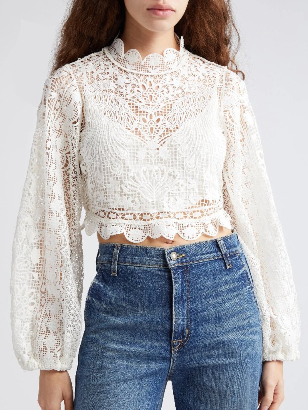NWT Farm Rio Guipure Long Sleeve Crop Top in Off-White Size M